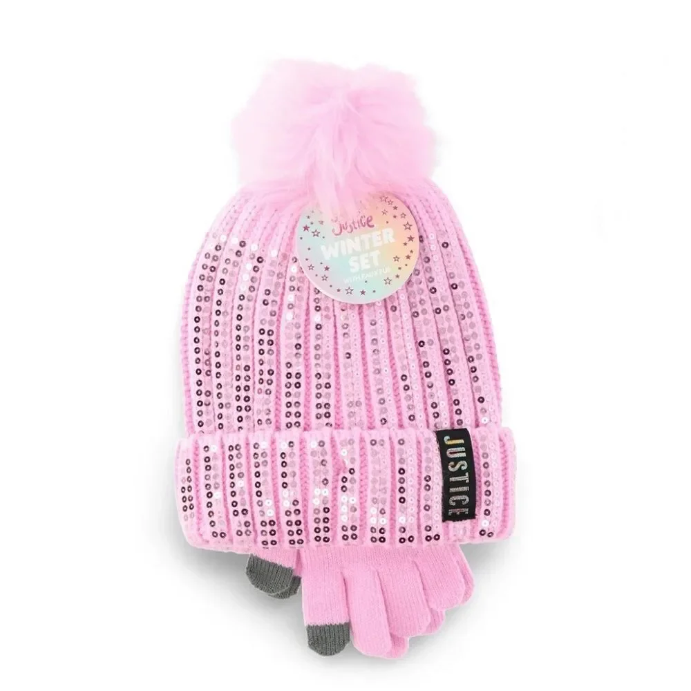 Girls Justice Ribbed & Full Print Winter Cozy Beanie and Gloves 2, 2-Piece Sets